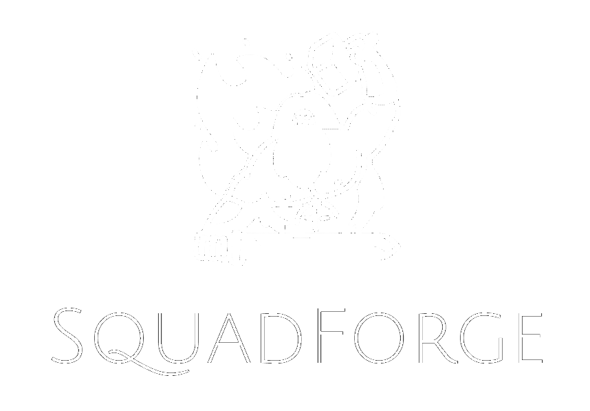 bearded dwarf forging a sword above "SquadForge" title