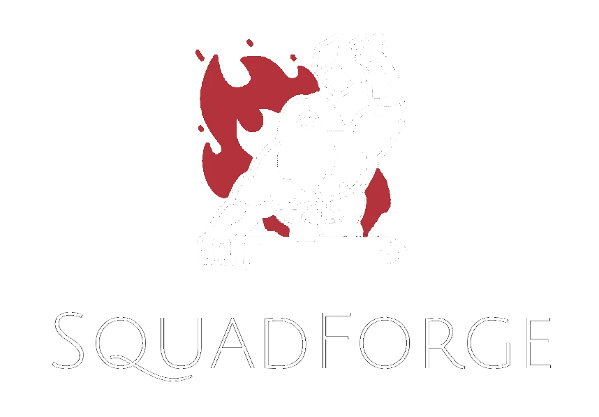 bearded dwarf forging a sword above "SquadForge" title