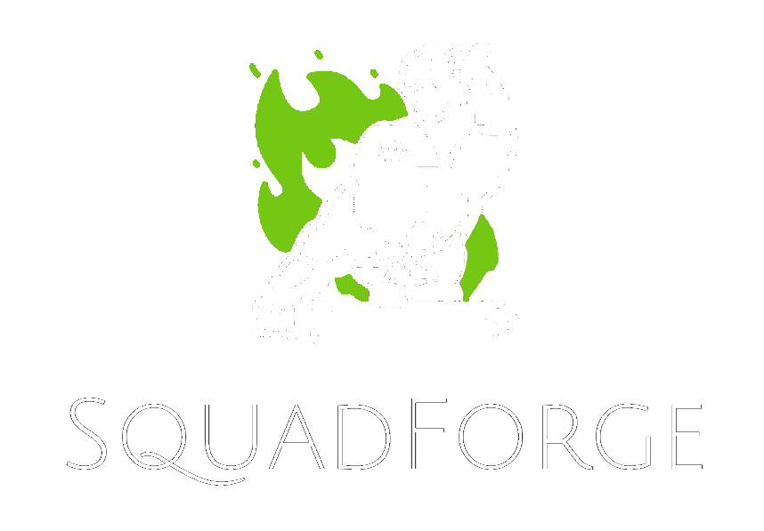bearded dwarf forging a sword above "SquadForge" title