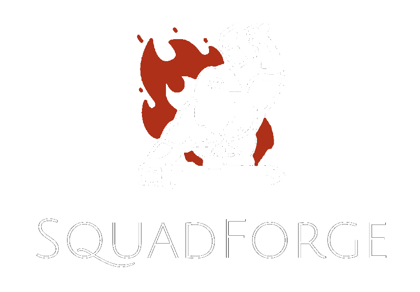 bearded dwarf forging a sword above "SquadForge" title
