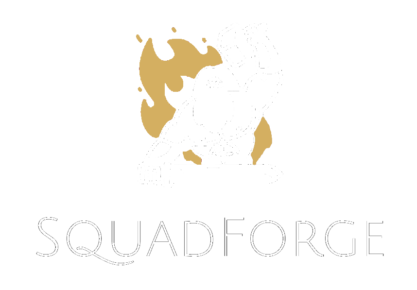 bearded dwarf forging a sword above "SquadForge" title