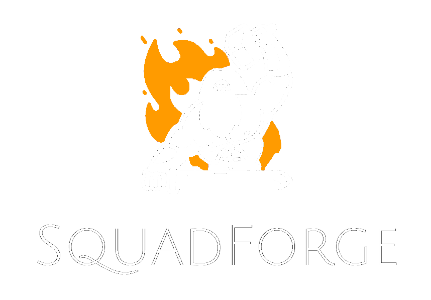 bearded dwarf forging a sword above "SquadForge" title