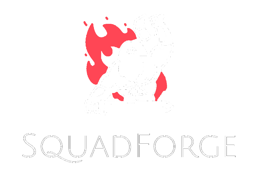 bearded dwarf forging a sword above "SquadForge" title